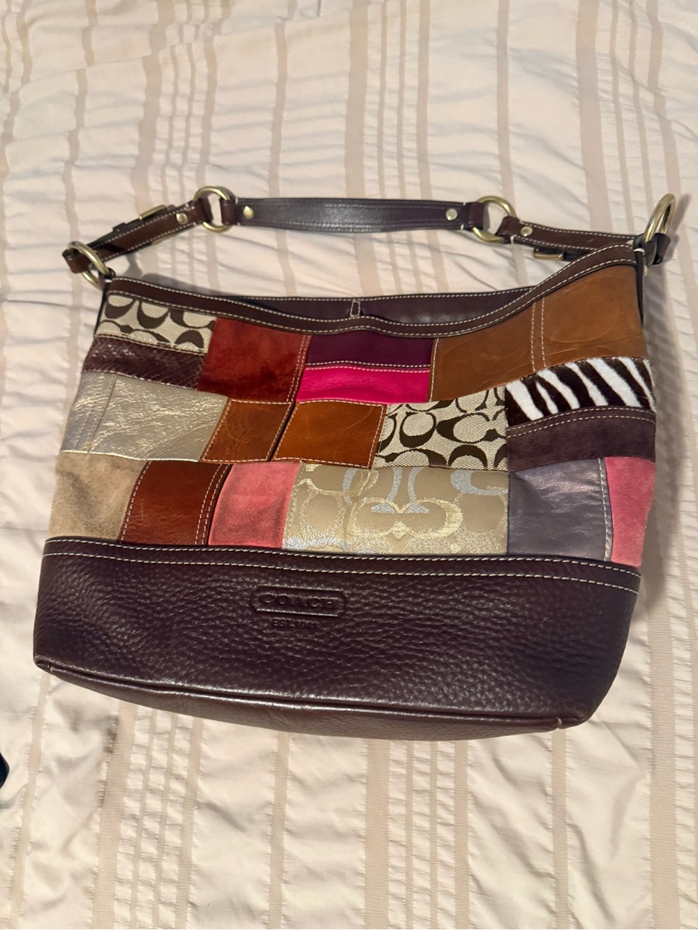 Coach Patchwork Leather Shoulder Bag in Brown, Pink, Tan, Cream & Metallic